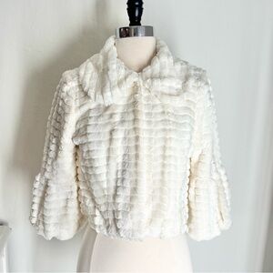 Tacera Faux Fur Collared Bell Sleeve Cropped Jacket, Ivory, Size M NWOT